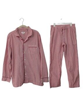 J. Crew Poplin Pajama Set Striped Shirt Button Front & Pants White Red Medium M
